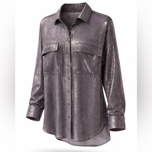 Pilcro Metallic Sequin Button-Down Shirt - Silver